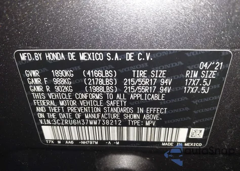 2021 Honda Hr-V Awd Lx из США, поврежденный, VIN 3CZRU6H37MM738212